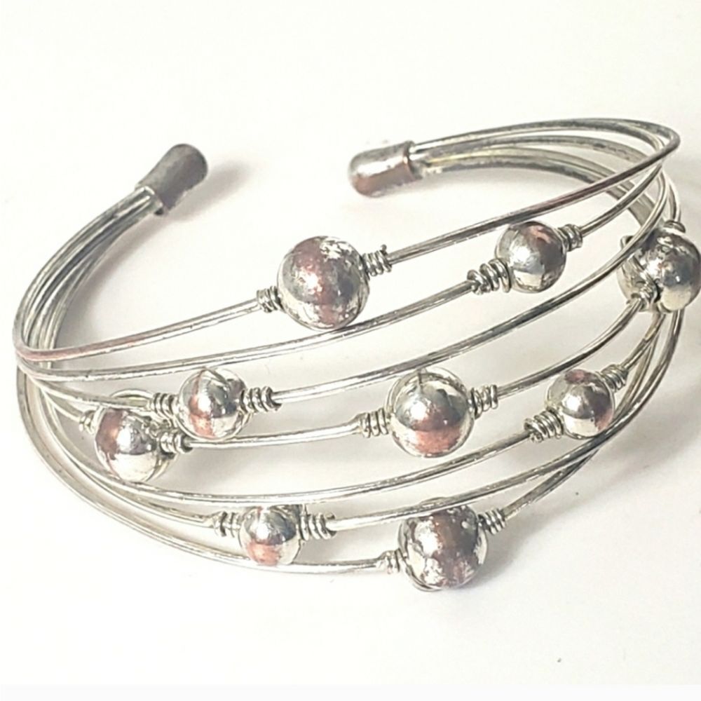 SILVER-TONE Metal Bead & Wire Cuff Bracelet